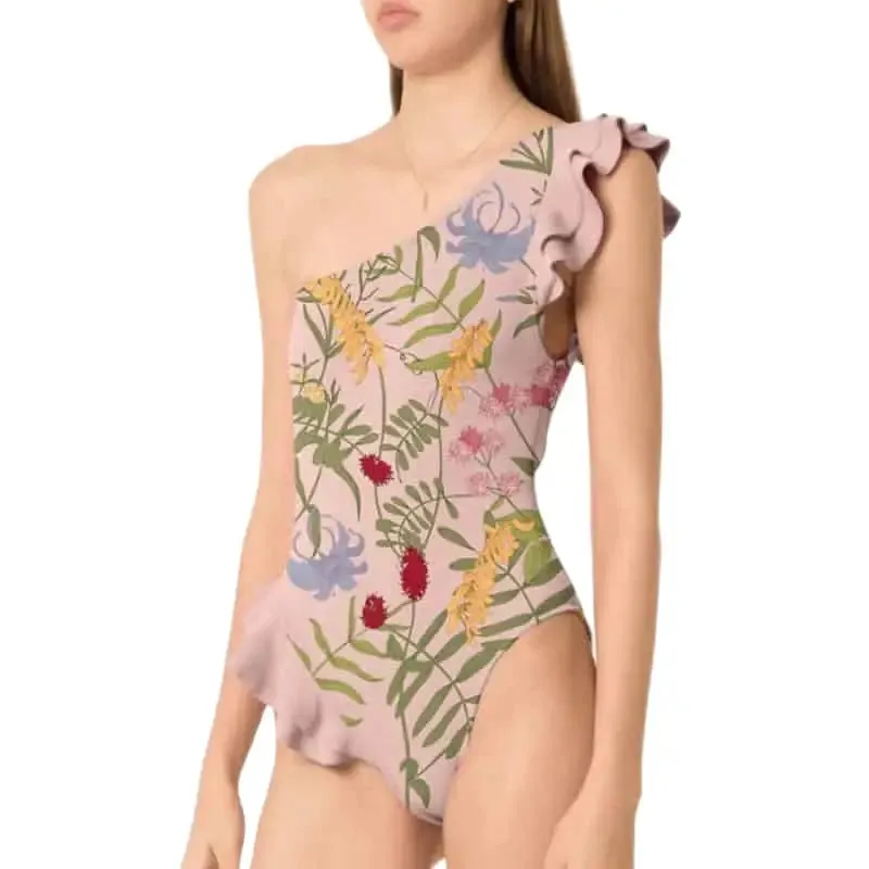 One Shoulder Ruffled Floral One Piece Skirt Swimsuit