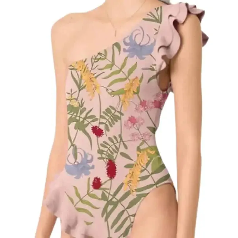 One Shoulder Ruffled Floral One Piece Skirt Swimsuit