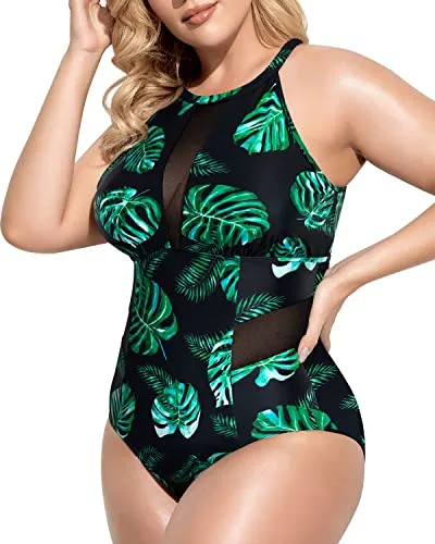Plunge Mesh Cut Out One Piece Swimsuit For Plus Size Women-Black And Green Leaf