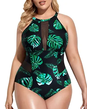 Plunge Mesh Cut Out One Piece Swimsuit For Plus Size Women-Black And Green Leaf