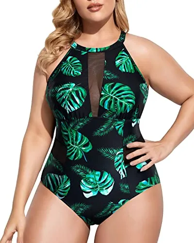Plunge Mesh Cut Out One Piece Swimsuit For Plus Size Women-Black And Green Leaf