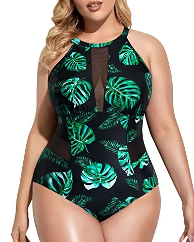 Plunge Mesh Cut Out One Piece Swimsuit For Plus Size Women-Black And Green Leaf