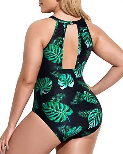 Plunge Mesh Cut Out One Piece Swimsuit For Plus Size Women-Black And Green Leaf