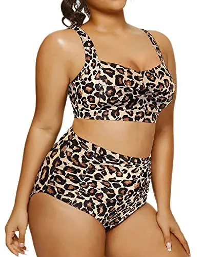 Plus Size Retro Bikini Open Back Two Piece Swimsuit For Curvy Women-Leopard