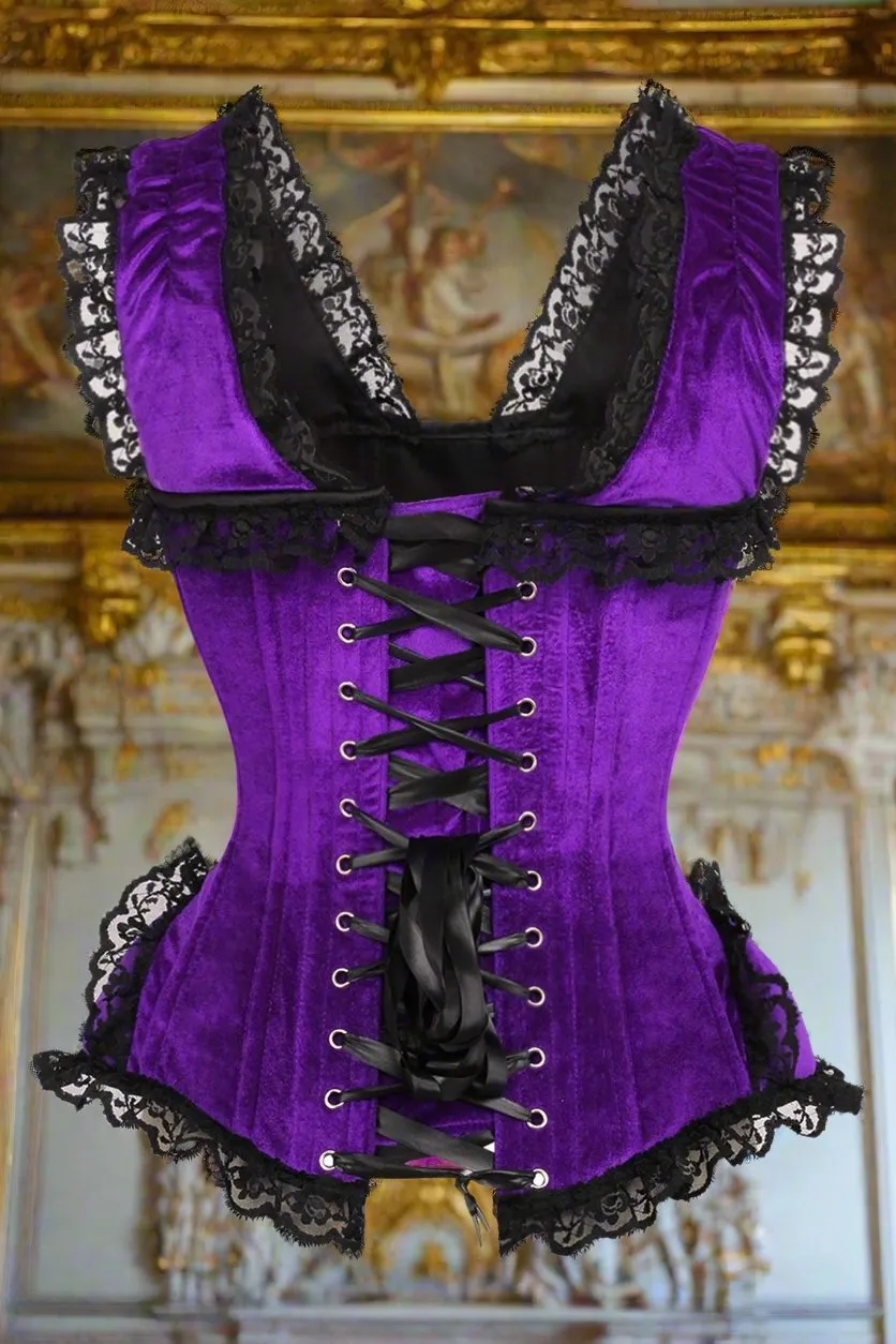 Purple and Black Velvet and Lace Steel Boned Corset