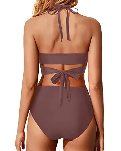 Push Up Halter Bikini Swimsuits Two Piece High Waisted Bathing Suits For Women-Brown