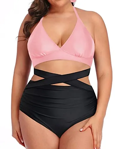 Push Up Padded Plus Size Two Piece Bathing Suits-Pink And Black