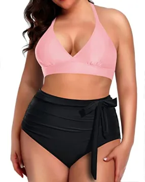 Push Up Padded Plus Size Two Piece Bathing Suits-Pink And Black