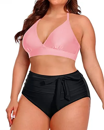Push Up Padded Plus Size Two Piece Bathing Suits-Pink And Black