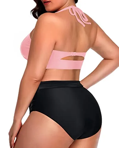 Push Up Padded Plus Size Two Piece Bathing Suits-Pink And Black
