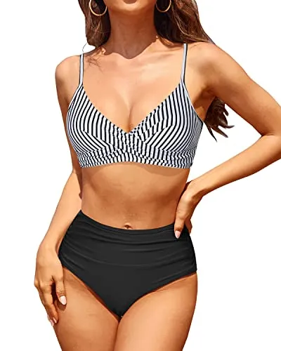 Push Up Two Piece High Waisted Bikini Set Tummy Control Bathing Suit-Black And White Stripe