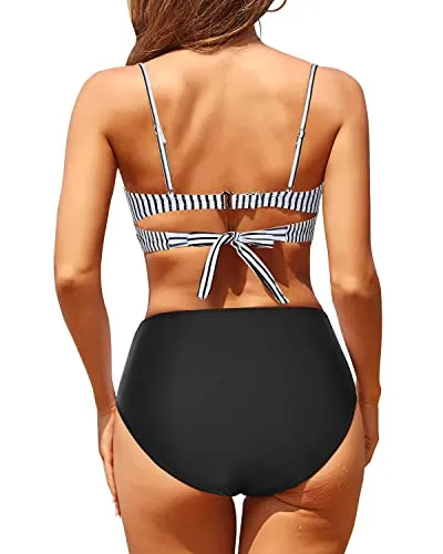Push Up Two Piece High Waisted Bikini Set Tummy Control Bathing Suit-Black And White Stripe