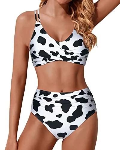 Push Up Wrap Tummy Control Bathing Suit Bottom For Women-Black And White Cow Pattern