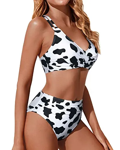 Push Up Wrap Tummy Control Bathing Suit Bottom For Women-Black And White Cow Pattern
