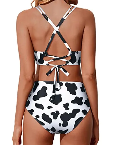 Push Up Wrap Tummy Control Bathing Suit Bottom For Women-Black And White Cow Pattern