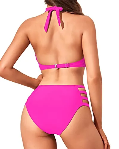 Removable Padded Push Up Bra One Piece Monokini Swimwear-Neon Pink