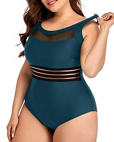 Retro Style Mesh One Piece Swimsuits Plus Size-Teal