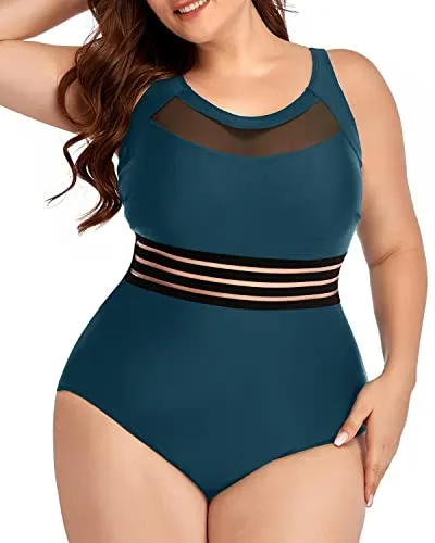 Retro Style Mesh One Piece Swimsuits Plus Size-Teal
