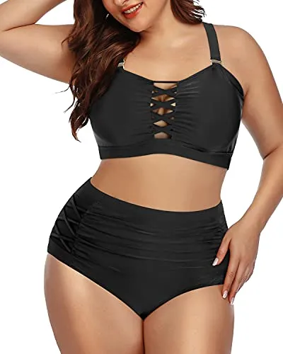 Ruched High Waisted Two Piece Bikini Set For Plus Size Women-Black