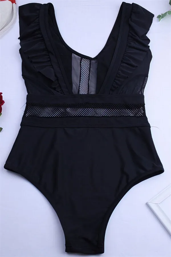 Ruffled Mesh Stitching Hollow Monokini
