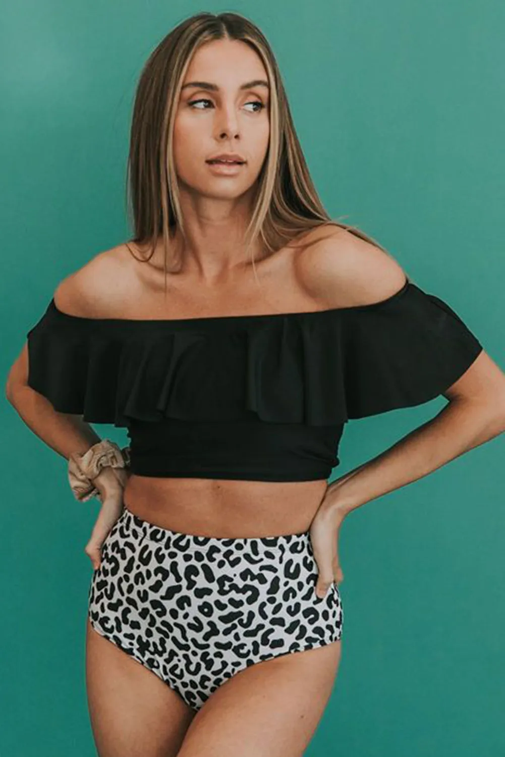 Ruffled Top and Leopard High Waist Bikini Swimwear