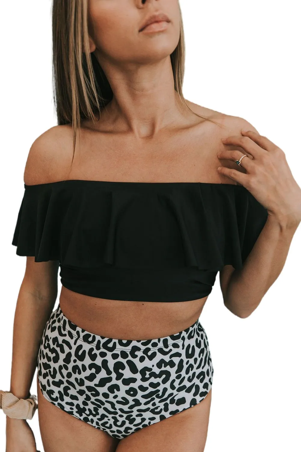 Ruffled Top and Leopard High Waist Bikini Swimwear
