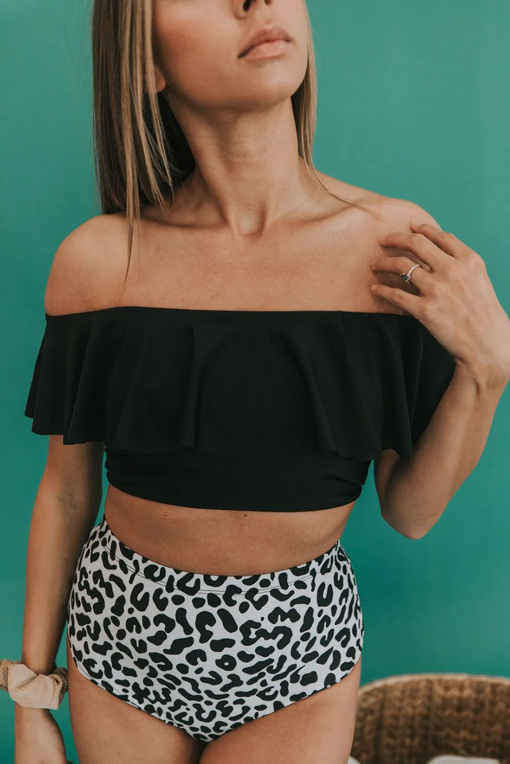 Ruffled Top and Leopard High Waist Bikini Swimwear