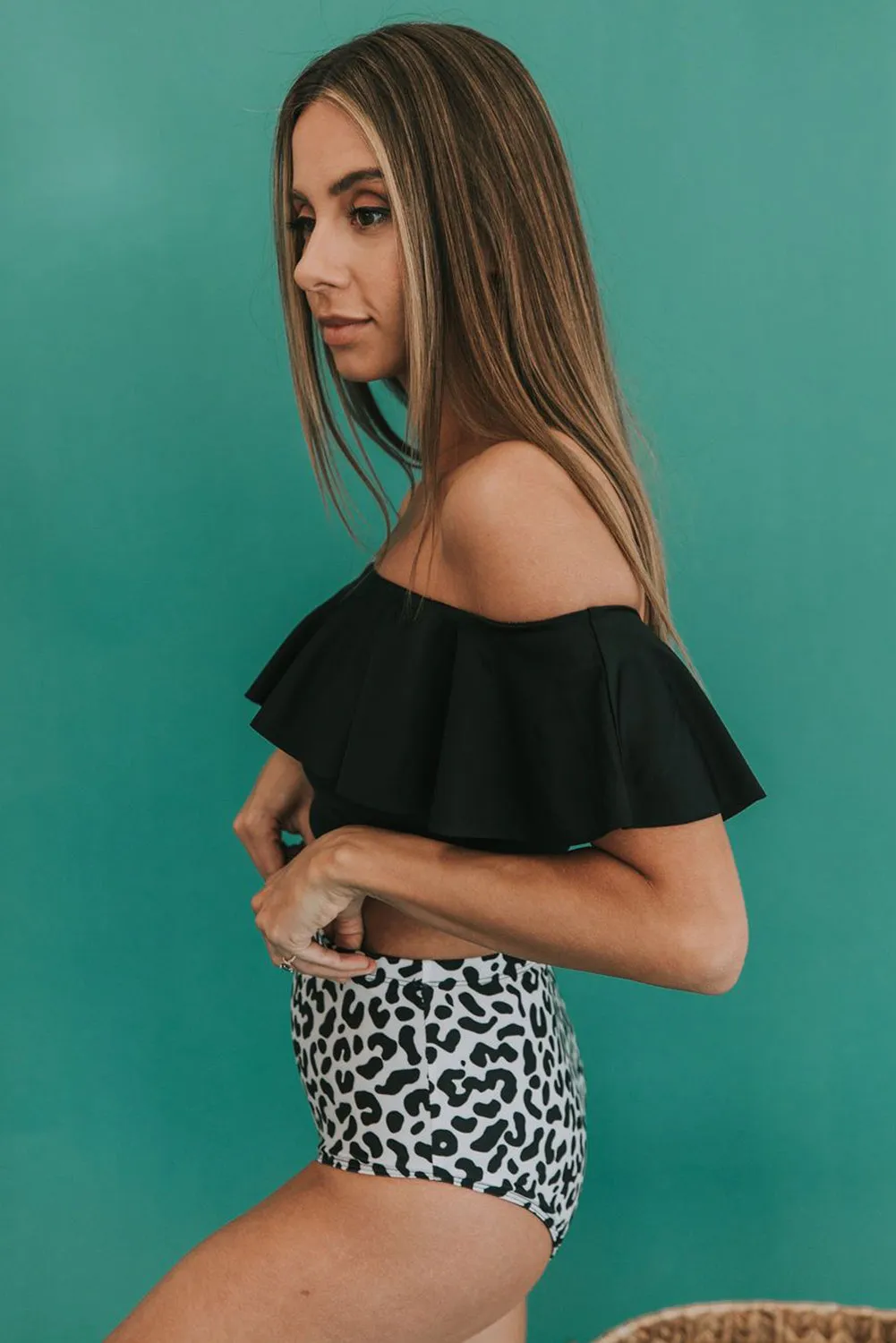 Ruffled Top and Leopard High Waist Bikini Swimwear