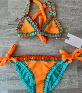 Sabz Kids Stitched Reversible Bikini - Orange Teal