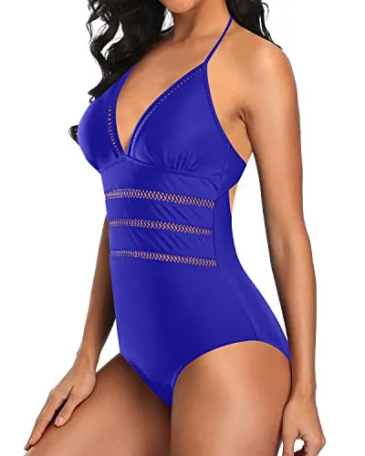 Sexy Plunge V Neck Monokini Halter One Piece Swimsuits-Royal Blue