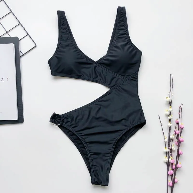 Simple Plain Cutout Backless High Cut Swimsuits
