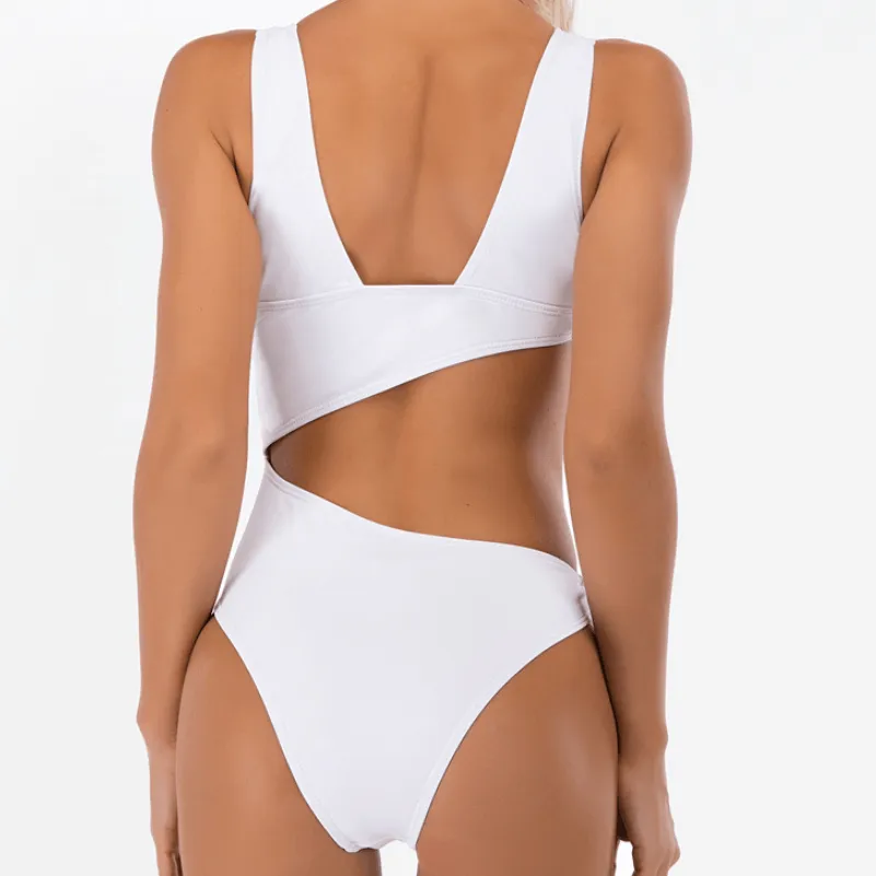 Simple Plain Cutout Backless High Cut Swimsuits