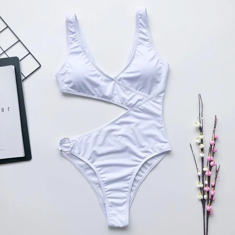 Simple Plain Cutout Backless High Cut Swimsuits
