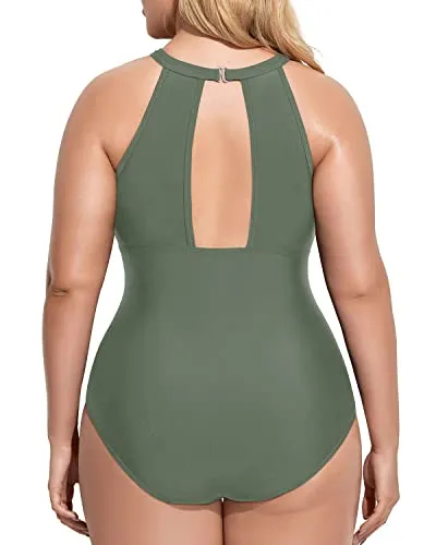 Sleek See-Through Mesh Bathing Suits For Plus Size Women-Olive Green