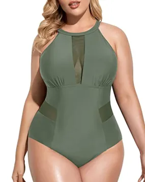 Sleek See-Through Mesh Bathing Suits For Plus Size Women-Olive Green