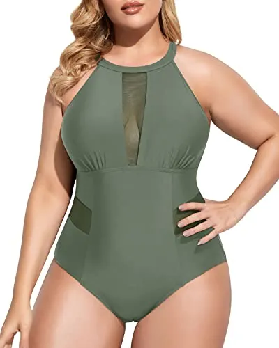 Sleek See-Through Mesh Bathing Suits For Plus Size Women-Olive Green