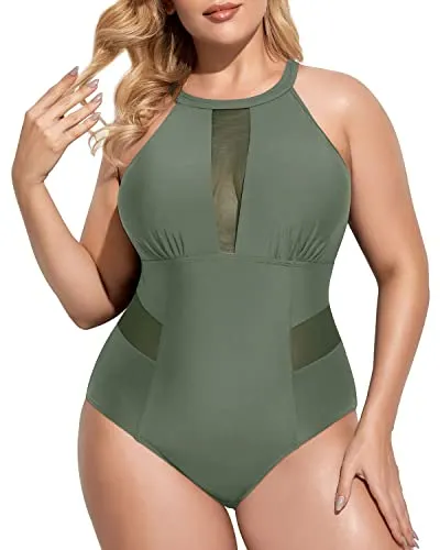 Sleek See-Through Mesh Bathing Suits For Plus Size Women-Olive Green