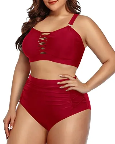 Slimming High Waisted Plus Size Bikini Ruched Bottoms-Red