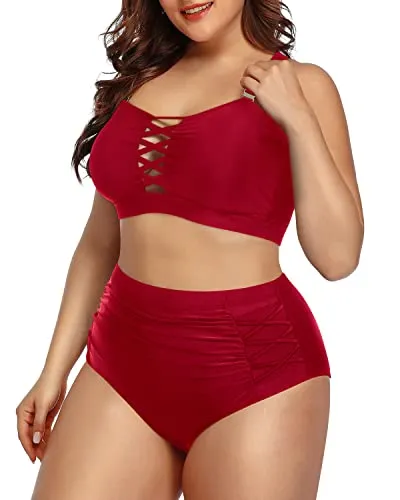 Slimming High Waisted Plus Size Bikini Ruched Bottoms-Red