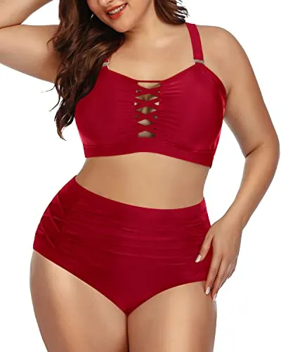 Slimming High Waisted Plus Size Bikini Ruched Bottoms-Red