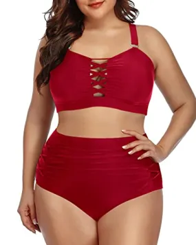 Slimming High Waisted Plus Size Bikini Ruched Bottoms-Red