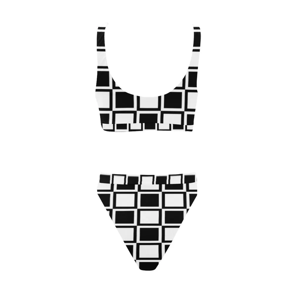 Square Print Sport Top & High-Waisted Bikini Swimsuit