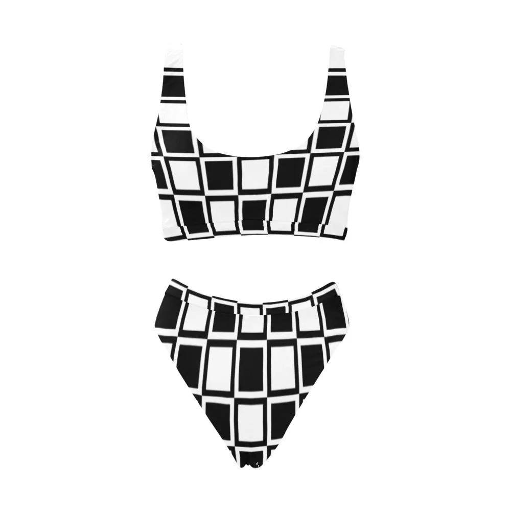 Square Print Sport Top & High-Waisted Bikini Swimsuit