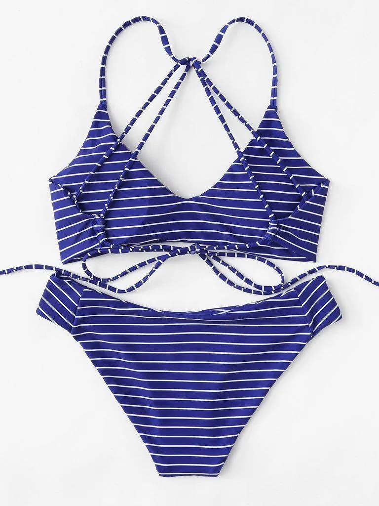 Striped Self Tie Bikini Set