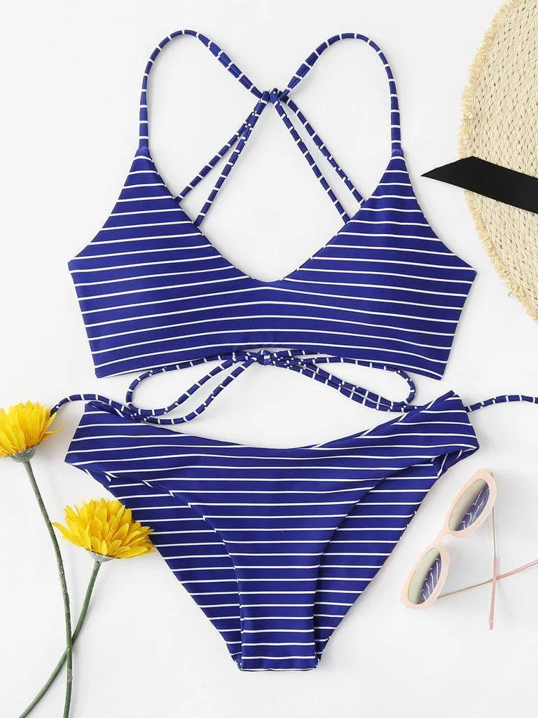 Striped Self Tie Bikini Set