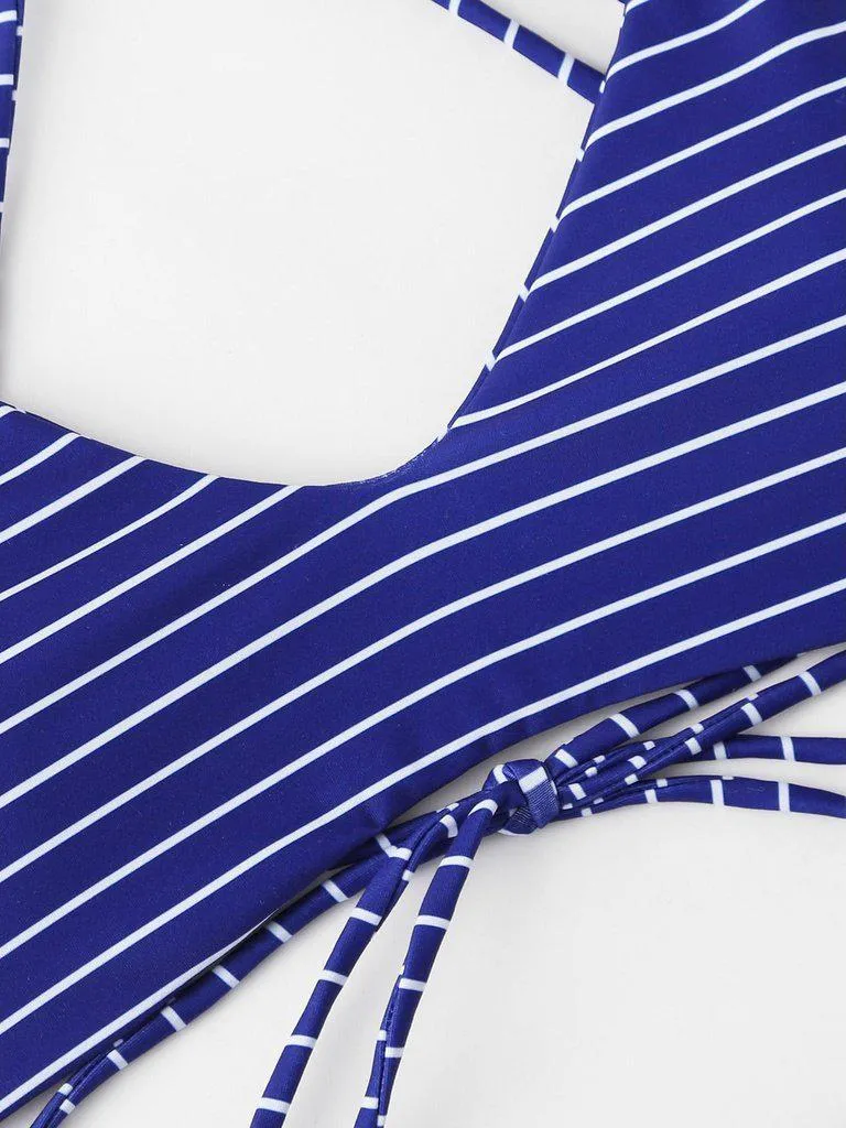 Striped Self Tie Bikini Set