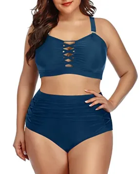 Stylish High Waisted Bikini Plus Size Lace Up Two Piece Bathing Suit for Women