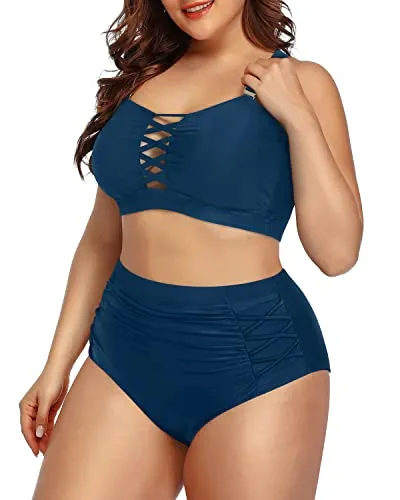 Stylish High Waisted Bikini Plus Size Lace Up Two Piece Bathing Suit for Women