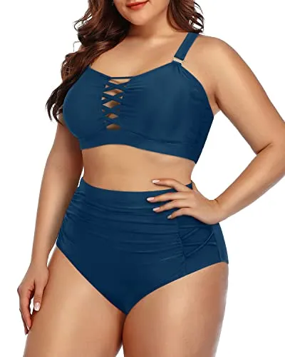 Stylish High Waisted Bikini Plus Size Lace Up Two Piece Bathing Suit for Women