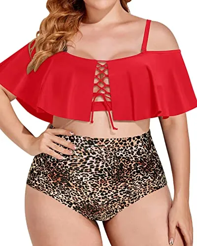 Stylish Off Shoulder Plus Size Tummy Control Bikini Set-Red And Leopard